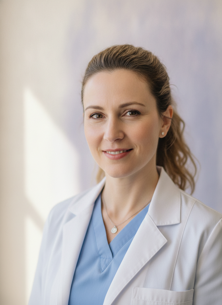 Warmes Portrait der Zahnärztin Dr. Marit Stillmann mit ruhigem, vertrauensvollem Lächeln.