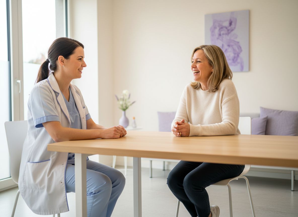 Entspanntes Erstgespräch am Tisch: Zahnärztin und Patientin im Gespräch, die Patientin ist angezogen, keine Behandlung.